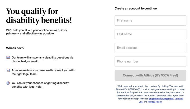 Atticus sign up page